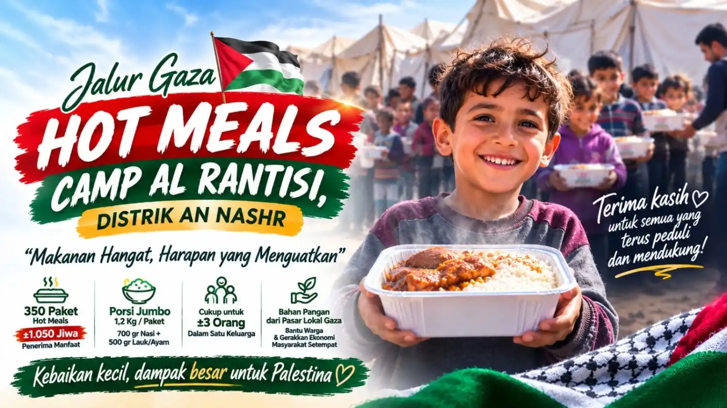Dari Indonesia untuk Gaza, 350 Paket Makanan Hangat Hadir untuk 1.050 Jiwa di Camp Al Rantisi